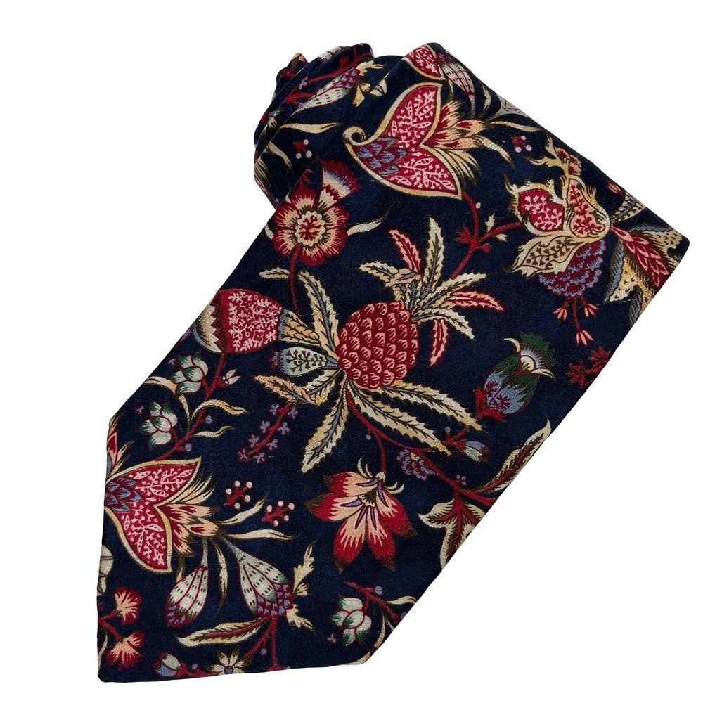 Williamsburg Silk Tie Necktie Men Navy Blue Floral Pineapple Traditional Coastal